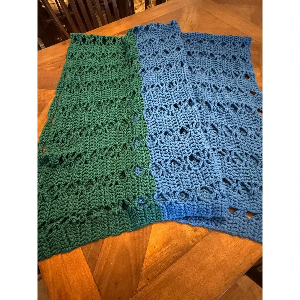 Handmade Granny Crochet Throw Blanket Green Blue Two Tone Open‎ Weave Boho Wrap